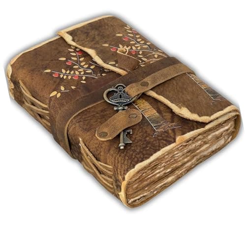 Image of URBAN LEATHER 8 inch Tree for Life Heart Leaves Rustic Key Journal with Old Deckle Edge Pages for Men Women Vintage Sketchbook Leather Bound Notebook Print Diary Blank Unlined Paper