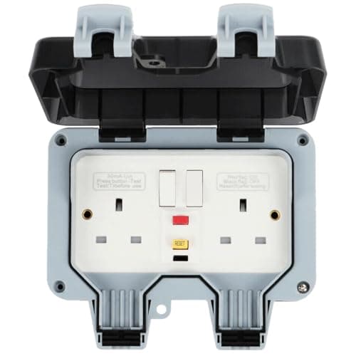 Image of Outdoor RCD Socket, Double Switched Waterproof Sockets 13 Amp 2 Gang IP66 Rated Wall Electrical Outlet