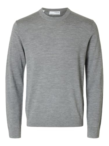 Image of Selected Homme Male Crew Neck Jumper 100% Merino Wool, Medium Grey Melange, M