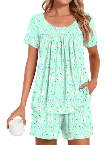 Image of POPYOUNG Plus Size Womens Pajamas Sets 2 Pieces Lounge Sleepwear Ladies Pjs Sets with Pockets XL, Green Colorful Butterflies