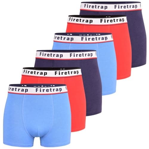 Image of Firetrap Mens 6 Pack Designer Boxer Shorts, Underwear Gift Set Trunks Comfortable Stretch Cotton Plain Colours Mens Briefs Sky, Navy, Red M