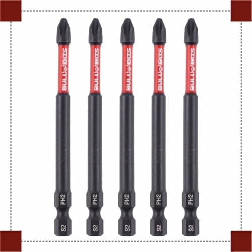 Image of 5X Bull Bits 90mm PH2 Impact Screwdriver Bits Set – Phillips No 2, Shock Zone, S2 Steel, Torsion Zone