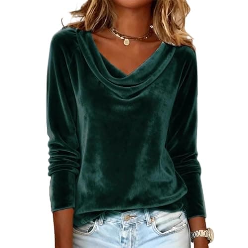 Image of Velvet Tops for Women Long Sleeve Cowl Neck T Shirts Plus Size Casual Blouses Loose Fit Longline Tunic Tops Solid Color Long Length Blouse Party Elegant Holiday Shirt(Green, M)