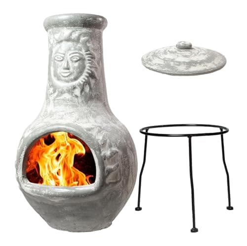 Image of Wiosi Medium Chiminea Outdoor Fireplace Grey Clay Chimineas with Chimney Rain Lids and Solid Metal Stands - Grey Terracotta Chimenea - Rustic Fire Pit Chimnea 16 x 16 x 32-inch