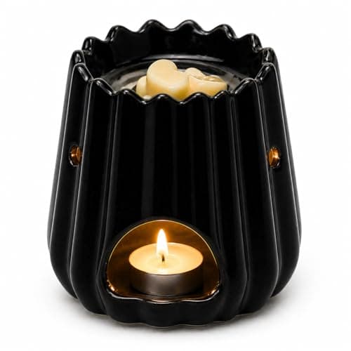 Image of Ceramic Aroma Burner 10cm Oil Diffuser Wax Melt Burner Tealight Holder 2-in-1 Incense Cone Holder Home Fragrance Burner Modern Ribbed Design Black White JR2592 (Black)
