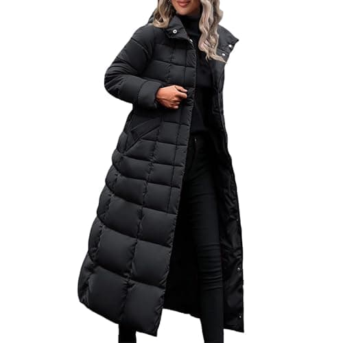 Image of Womens Winter Long Coats Solid Color Puffer Quilted Down Coat Windproof Hooded Long Down Jacket Women Thicken Padded Outwear with Belt Longline Puffer Coat with Pockets