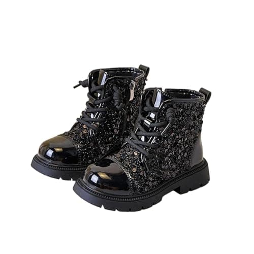 Image of duxyoz Girls Glitter Dress Boots - Sequin Combat Boots with Side Zipper,Sparkly Lace Up Ankle Boot,Cute Shiny Waterproof Ankle School Shoes Black UK Size 11.5