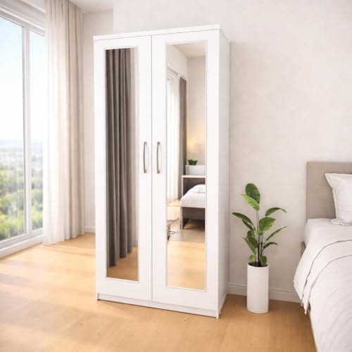 Image of 2 Door Mirrored Wardrobe, White and Oak, 78x50x184 cm, Pre-Assembled Storage Cabinet (White)