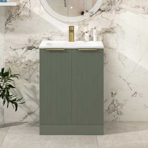 Image of Evora 600mm Satin Green Fluted Floor Standing Bathroom Vanity Unit 2 Door with Stone Basin & Brushed Brass Handles