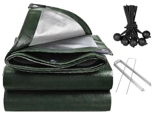 Image of PVEGOS 120GSM Waterproof Tarpaulin with 6 Bungee Balls & 6 Stakes, Heavy Duty Tarpaulin UV Resistant Cover, Reinforced Eyelets for Garden, Car, Pool, Camping, Wood, Furniture Protection (2m x 2m)