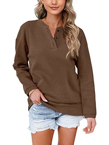Image of Aokosor Womens Sweatshirts Ladies Jumpers for Women UK Long Sleeve Tops Ladies Loose Sweatshirts with Buttons Plain Size 22-24 Brown