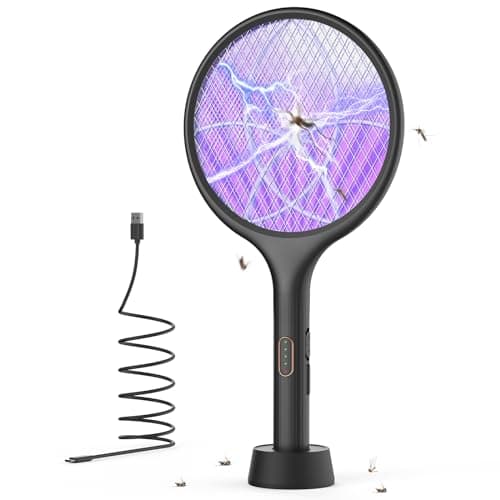 Image of YISSVIC Electric Fly Swatter 4000V Bug Fly Zapper Racket Mosquito Killer 1500 mAh 3 Layers Mesh with USB C Cable Stand Base for Indoor Outdoor