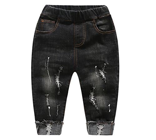 Image of KIDSCOOL SPACE Baby Girl Boy Jeans,Little Kid Elastic Waist Ripped Denim Pants,Black,3-4 Years
