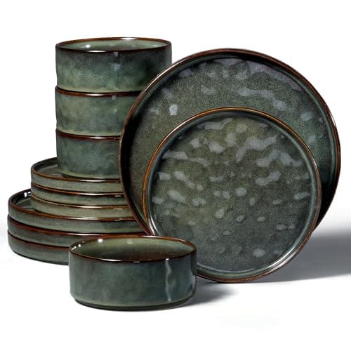 Image of Herogo 12 Piece Dinner Set, Stoneware Dinnerware Sets for 4 People, Reactive Glaze Dining Plates and Bowls, Microwave and Dishwasher Safe, Chip and Scratch Resistant, Moss Green