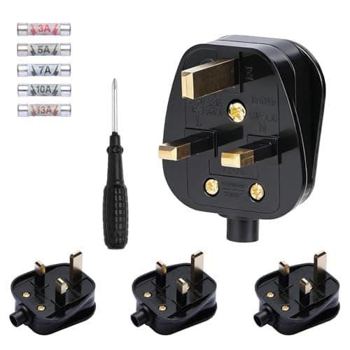 Image of iulrtba 4 Pack 13 Amp Plug UK, 3 Pin Plug UK, Electric Plugs with 3A 5A 7A 10A 13A Domestic Fuses Kit, Rewireable Plug with 1 Screwdriver for Home Office Appliances Devices (Black)
