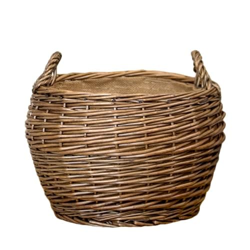 Image of Rustic Willow Log Basket, Antique Wash Finish, Hessian Lined, Rounded Belly Shape, 35x30x35cm, with Carrying Handles for Fireplace Wood Storage