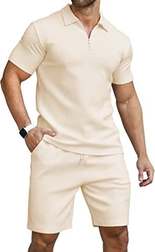 Image of KUYIGO Men's Spring Short Sleeve Polo Shirt and Shorts Set Golf Outdoor Casual Sports Set XXL Beige