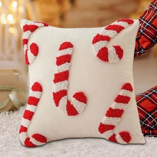 Image of Candy Cane Cushion Covers, Red White Candy Cane Throw Pillow Covers, 18 x 18 Inch Peppermint Pillows Case, Soft Plush Winter Holiday Cushion Cover for Chair Sofa Home Decor