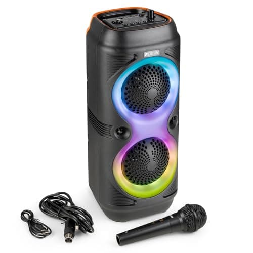 Image of Fenton Track210 Portable Bluetooth Party Speaker with LED Light Show – 100W Wireless House Party Speaker with Microphone, USB/SD/AUX Input, Rechargeable Battery & Stereo Pairing – Black