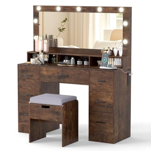 Image of COSTWAY Dressing Table with Large Mirror and Cushioned Storage Stool, Wooden Makeup Table Vanity Desk Set with 9 Dimmable LED Lights Bulbs, Power Outlet, 7 Drawers & Shelf for Bedroom (Rustic Brown)