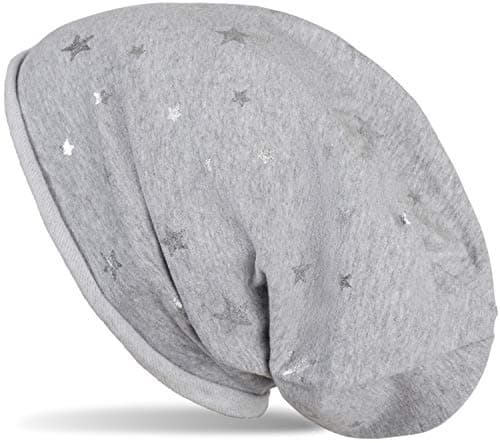 Image of styleBREAKER Beanie hat with All-Over with Metallic Star Print and Turn up, Long Slouch Beanie, Glitter hat, Ladies 04024144, Colour:Light-Grey
