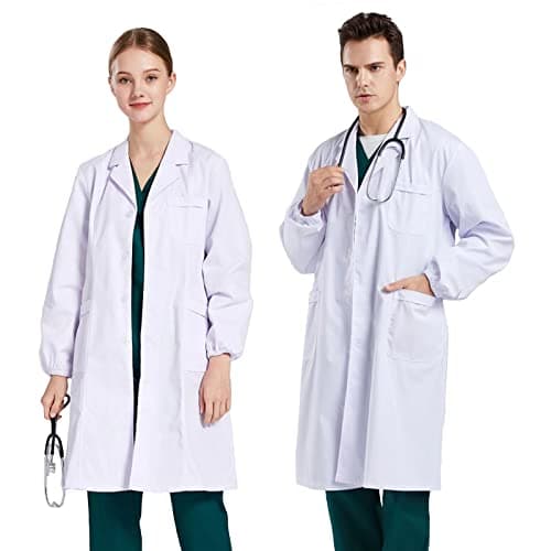 Image of CoatCool White Lab Coat, Women Mens Scientist Coat Cotton Lab Coats Doctors Medical Coats, Long Sleeves Chemistry Labcoat Nurse Food Labcoats Adult Dress Up Costume with 3 Large Pockets, XL
