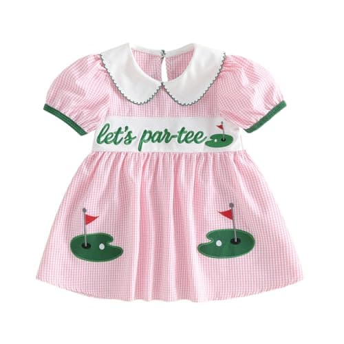 Image of Beinvibe Toddler Baby Girl Golf Outfits Letter Golf Embroidery Puffy Short Sleeve Plaid Dress Summer Doll Collar Clothes (Pink, 12-18 Months)
