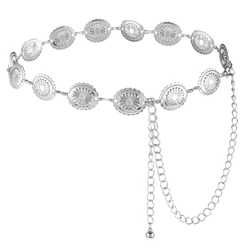 Image of TIESOME Western Metal Concho Belt, Hollow Out Daisy Chain Belt Adjustable Boho Waist Chain Country Concert Outfit for Dress(Silver)