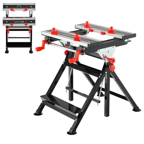 Image of HOMFME Folding Workbench, 7 Level Height Adjustable Workstation Tool Stand with 4 Position Tiltable Platform, 8 Sliding Clamps, Protractor and Ruler, Heavy Duty Metal Work Bench Table Sawhorse (Red)