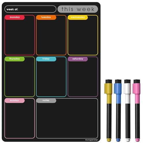 Image of TMS A3 / A4 Multi-Coloured Magnetic Weekly Planner/Memo Board/Calendar – Whiteboard, Shopping List and Meal Planner - with 4 Magnetic Dry Wipe Pens and Eraser (Colour Memo Chalkboard, A4)