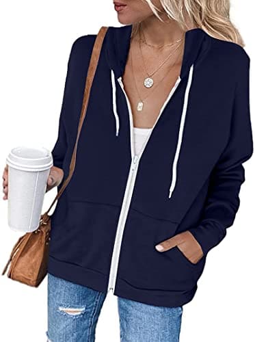 Image of Jhsnjnr Womens Casual Jackets Drawstring Hooded Sweatshirt Long Sleeve Zip Up Hoodies with Pockets Navy Blue