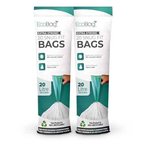 Image of EcoBag - 40 Pack White Kitchen Drawstring Bin Liner - 20L - 24 Microns - Heavy Duty, Extra Strong, Brabantia Compatible, Eco-Friendly, Tear Resistant, Clear Recycling Bags (420 x 760mm)