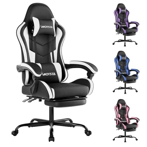 Image of WOTSTA Gaming Chair with Footrest, Ergonomic Gaming Chair, Computer Chair with Lumbar Support, Head Rest, Height Adjustable PC Chairs with 360°-Swivel Seat for Office or Gaming, Black White