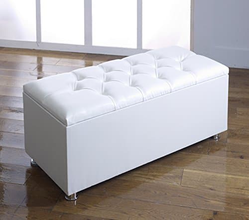 Image of CROWN FAUX LEATHER DIAMANTE OTTOMAN TOY STORAGE BLANKET BOX (WHITE)