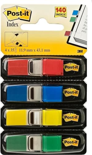 Image of Post-it Index Small Flags, Pack of 4 Dispensers, 35 in Dispenser,11.9 mm x 43.2 mm, Yellow, Red, Green, Blue Colors - to Mark, Highlight or Color Code Important Information