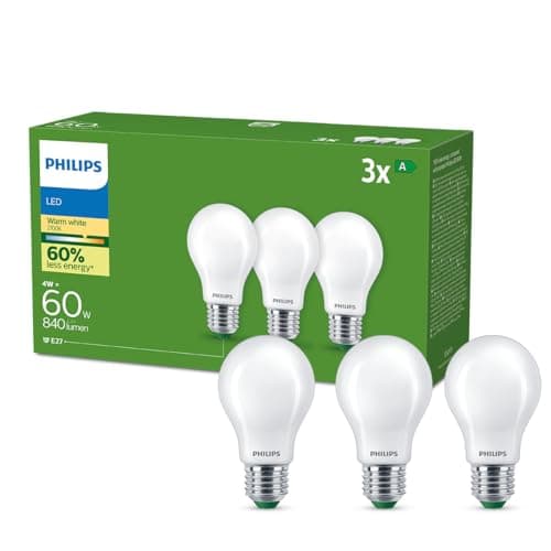 Image of Philips Frosted Ultra-Efficient LED Bulb (3 Pack), E27, 4W Equivalent to 60W, Warm White Light 2700k, Energy Efficiency A