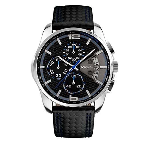 Image of TONSHEN Mens Analog Quartz Fashion Watch Stainless Steel Case and Leather Band Independence Small Dial Date Wristwatch (Blue)