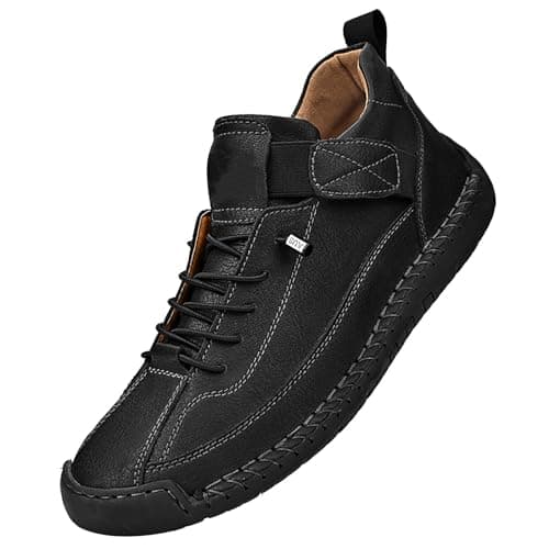 Image of Mens Leather High Top Casual Boots Lace Up Adjustable Strap Walking Shoes Non Slip Outdoor Trainers with Arch Support Wide Fit for Hiking Training Sports Footwear(Black, 10)