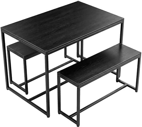 Image of Blisswood 3 Piece Dining Table Set with Benches, 110cm Industrial Kitchen Table and Bench Set for 2–4 people, Space Saving Wooden Dining Table with Metal Legs for Home, Apartment & Dining Room, Black