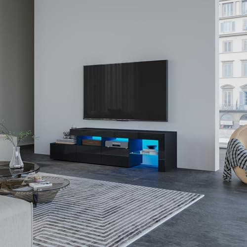 Image of Chebinsiti TV Stand Cabinet with LED Lights, Black Gloss TV Unit with 3 Drawers, 2 Open Shelves and 1 Glass Shelf, LED TV Stand Entertainment Center, Gaming TV Cabinet for Living Room Bedroom