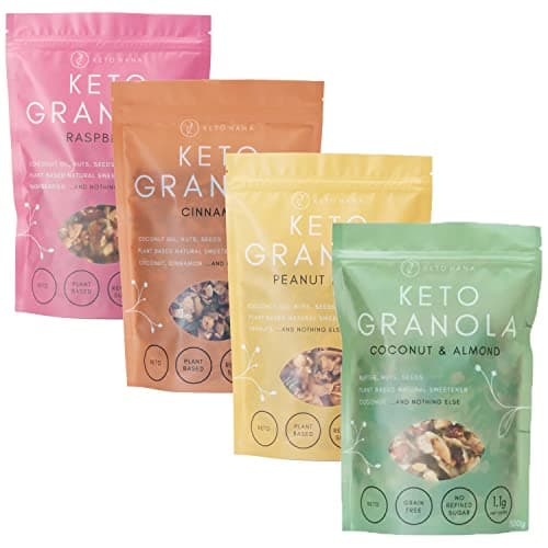 Image of Keto Hana Breakfast Granola Cereal Variety Bundle with 4 x 300gr Bags Includes Coconut & Almond Butter, Raspberry, Peanut Butter & Cinnamon