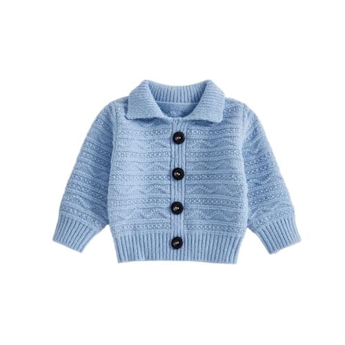 Image of Kids Girls Boys Cardigans Newborn Jumpers Baby Sweater Solid Color Long Sleeve Lapel Button Knitwear Warm Knitted Tops Autumn Winter Clothes (Blue, 12-18 Months)