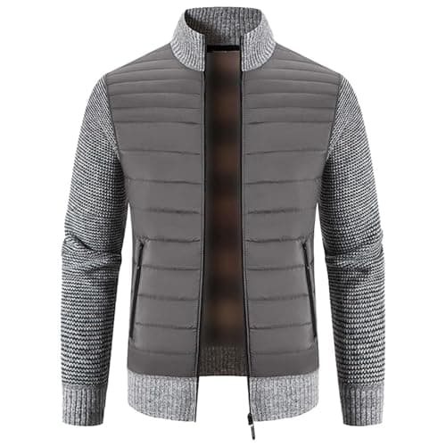 Image of Mymyguoe Quilted Jacket Men's Winter Warm Cardigan Stand-Up Collar Cardigan Transition Jacket Sporty Elegant Sweat Jacket Warm Modern Knitted Jumper with Zip Long Traditional Jacket Down Jacket, Q1