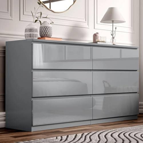 Image of Blisswood Grey High Gloss Chest of Drawers 6 Drawer Bedroom Storage Cabinet with Metal Runners, Chest for Clothes Storage, Modern Living Room Hallway Nursery Office Furniture, 40D x 120W x 77H CM