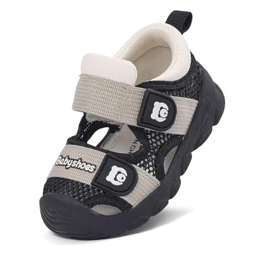 Image of MASOCIO Baby Shoes Sandals Toddler Boys Girls First Walking Pre Walkers Summer Soft Sole Closed Toe Trainers Infant Size 6 UK Child Black
