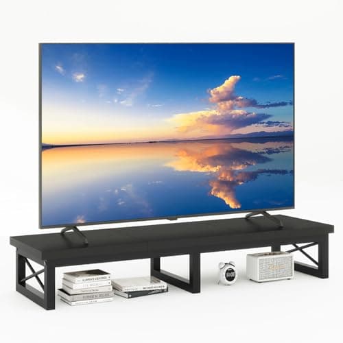 Image of IBUYKE 45" Large TV Riser for 32-60 inch TV,Tabletop Short TV Stand with Storage and Steel Legs,Dual Screen Office Desk,Stand Riser,TV Riser Stand for Home,Bedroom,Living Room,Black TVT002B