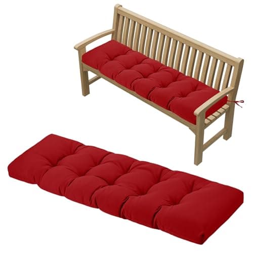 Image of PRIMEPATIO Outdoor Garden Bench Cushion, 8cm Thick Tufted Waterproof Long Bench Seat Pad with Ties, Replacement Cushion for Patio, Lawn & 3 Seater Loveseat Furniture, 143x52cm, Red