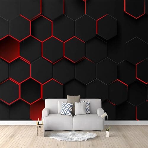 Image of WHUOEUCO Wall Murals Wallpaper Geometric Honeycomb Black Red 250x175 cm Modern 3D Photo Wallpaper Waterproof Wall Mural Art Poster, for Living Room Bedroom Kids Room Background Decor