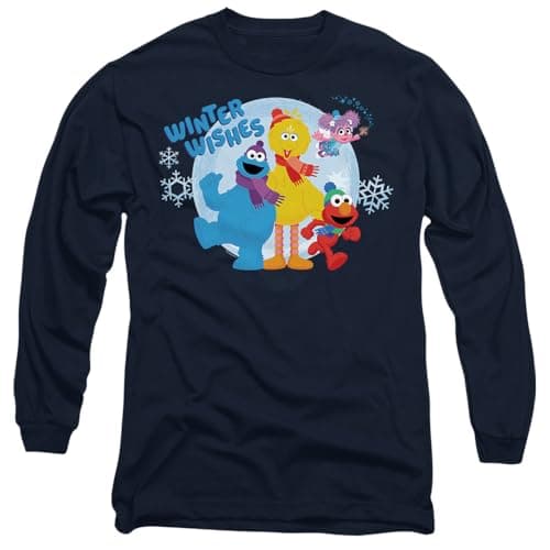 Image of Cotton Soul Sesame Street Winter Wishes Elmo, Cookie Monster, Big Bird Unisex Long Sleeve T Shirt, Navy, XX-Large
