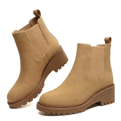 Image of Maxome Womens Chelsea Ankle Booties Casual Slip on Fall Walking Boots Chunky Wedge Boots Khaki